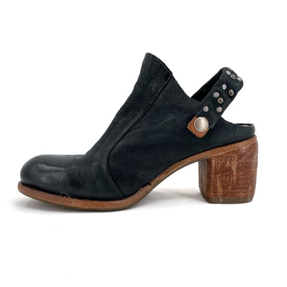 A.S.98 Black Leather Mules Silver Studded Heeled Shoes Boho Cottage EU Size 36 - Picture 7 of 15